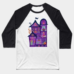 Purple Spooky Halloween Mansion Baseball T-Shirt